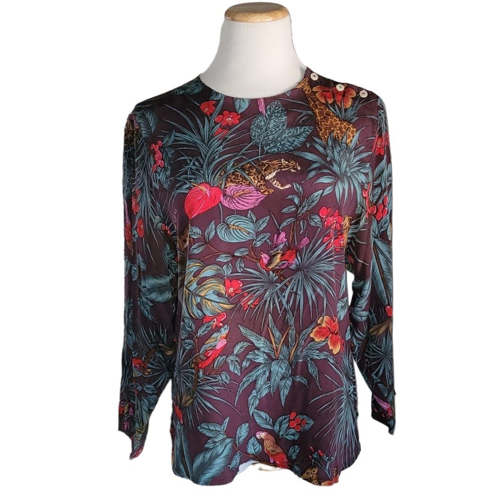 Vintage Carole Little Saint Tropez West Silk Tropical Bird Cat Palm Floral Top